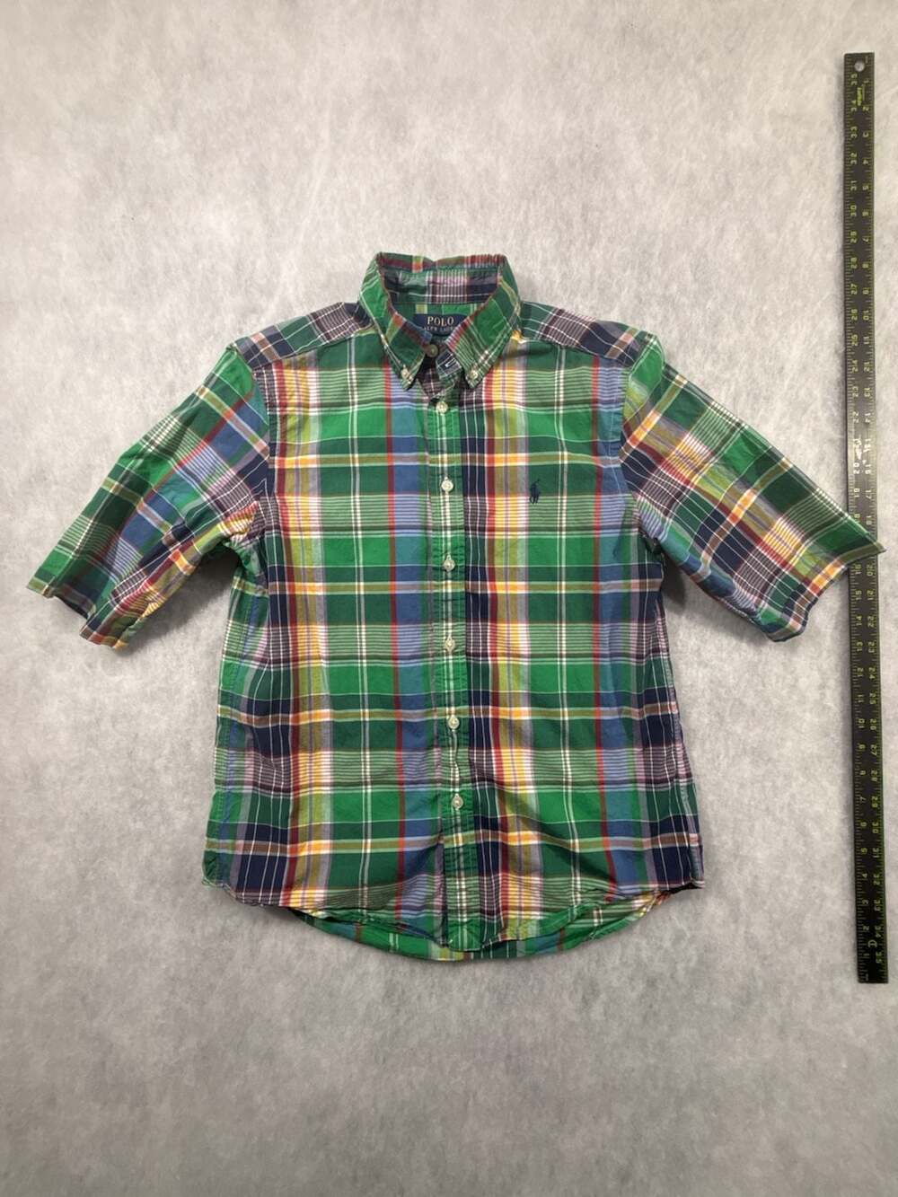 Polo Ralph Lauren Button Down Shirt Size L 14-16 Green Plaid Short Sleeve